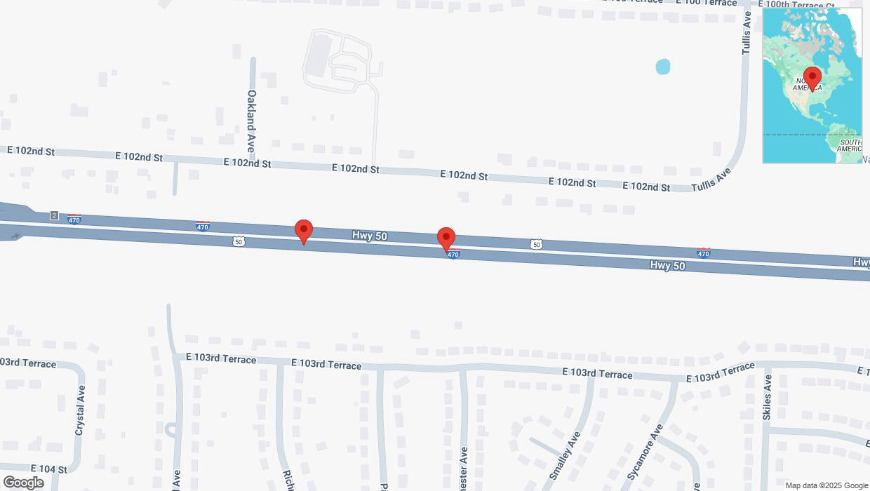 A detailed map that shows the affected road due to 'Broken down vehicle on eastbound I-470 in Kansas City' on March 1st at 3:42 p.m.