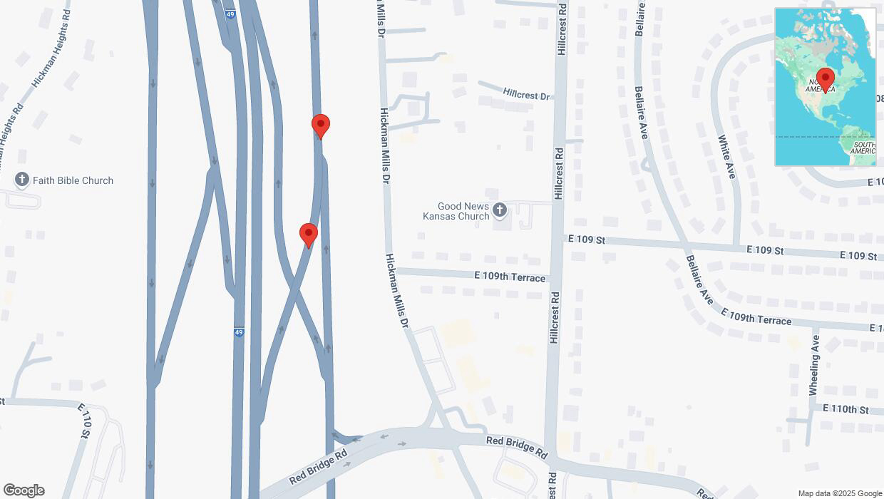 A detailed map that shows the affected road due to 'Broken down vehicle on Hickman Mills Drive in Kansas City' on March 1st at 5:45 p.m.