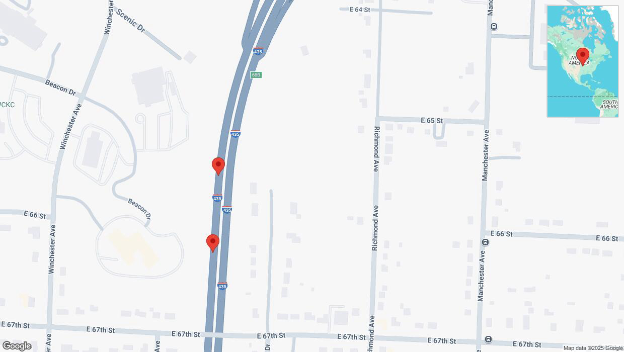 A detailed map that shows the affected road due to 'Broken down vehicle on southbound I-435 in Kansas City' on March 1st at 6:24 p.m.