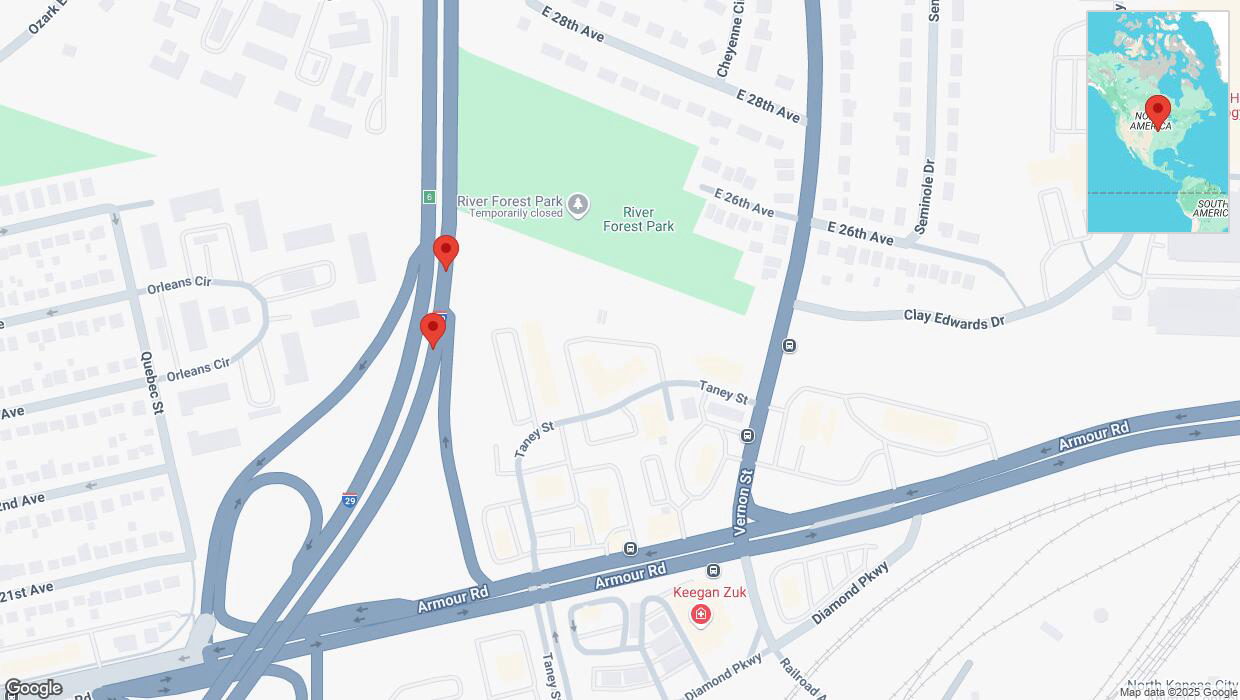 A detailed map that shows the affected road due to 'Broken down vehicle on northbound I-29/I-35 in North Kansas City' on March 1st at 9:34 p.m.