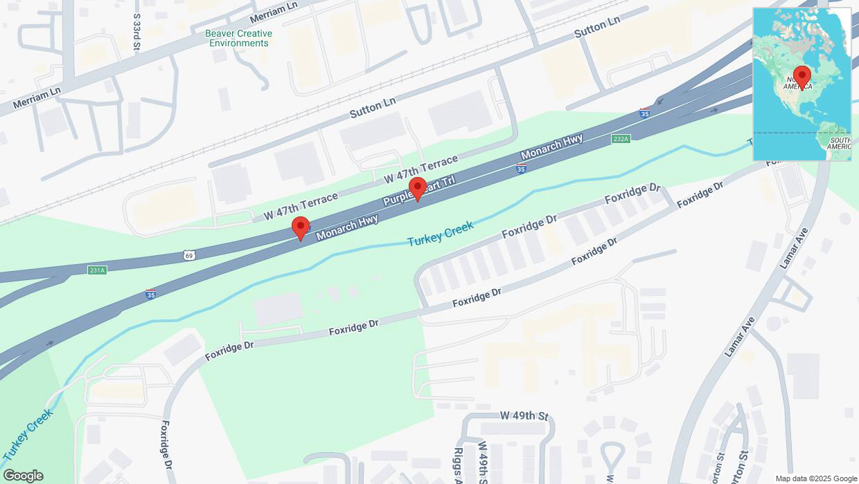 A detailed map that shows the affected road due to 'Broken down vehicle on northbound I-35 in Mission' on March 1st at 6:40 p.m.