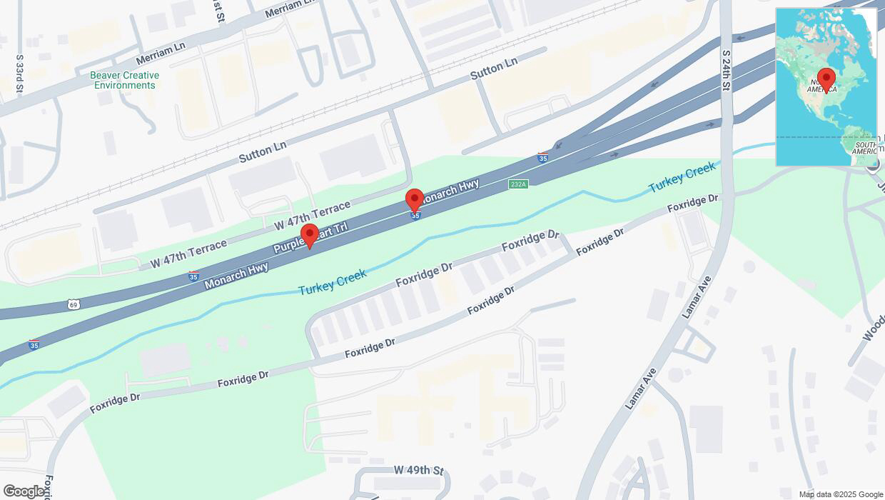 A detailed map that shows the affected road due to 'Broken down vehicle on northbound I-35 in Shawnee' on March 1st at 7:34 p.m.