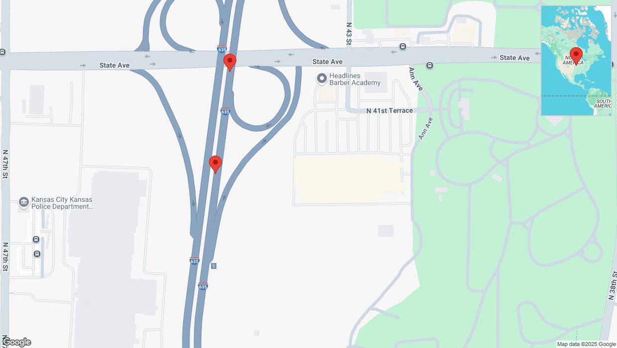 A detailed map that shows the affected road due to 'Broken down vehicle on northbound I-635 in Kansas City' on March 1st at 7:56 p.m.