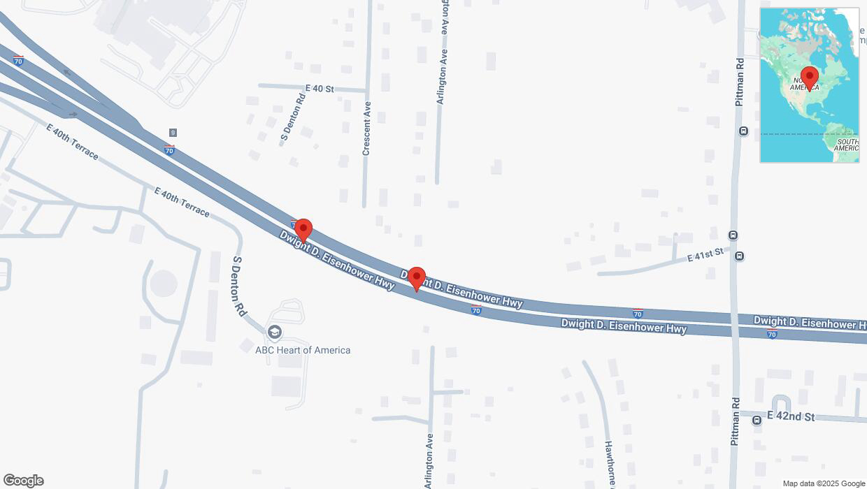 A detailed map that shows the affected road due to 'Broken down vehicle on eastbound I-70 in Kansas City' on March 1st at 10:36 p.m.