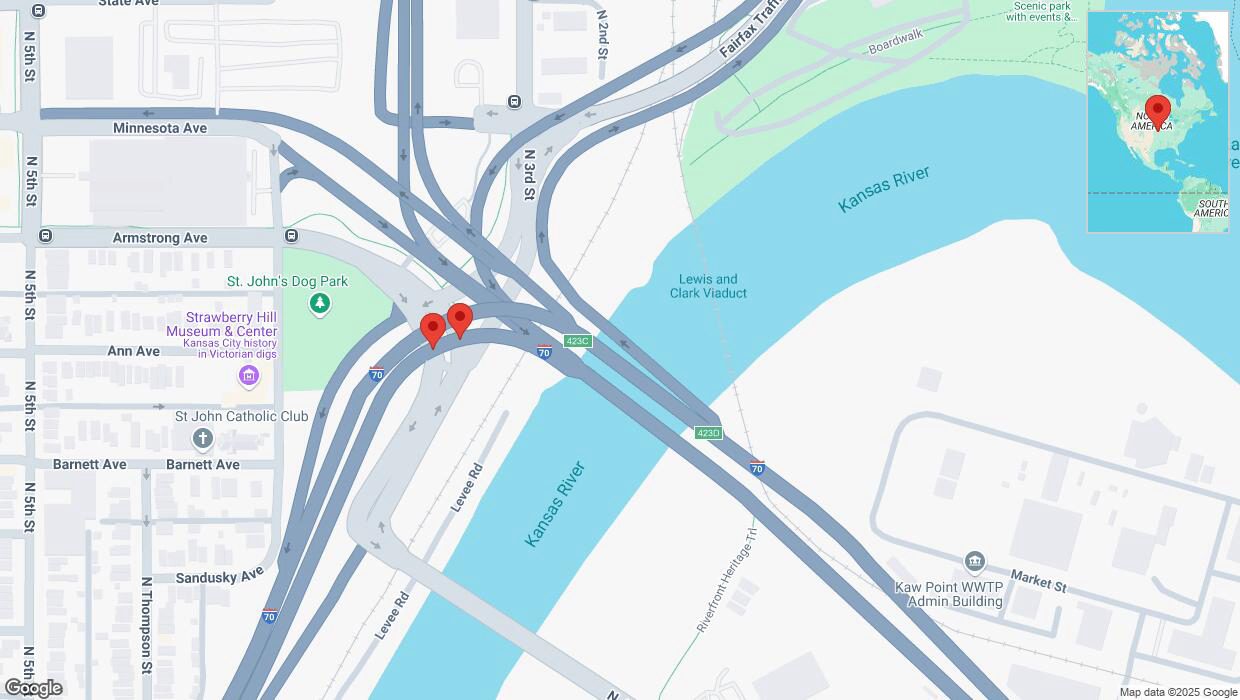 A detailed map that shows the affected road due to 'Warning in Kansas City: Crash reported on eastbound I-70' on March 2nd at 1:27 p.m.