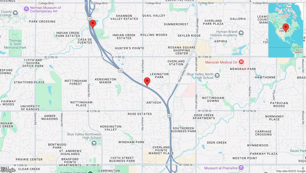 A detailed map that shows the affected road due to 'Lane on US-69 closed in Overland Park' on March 2nd at 4:30 p.m.