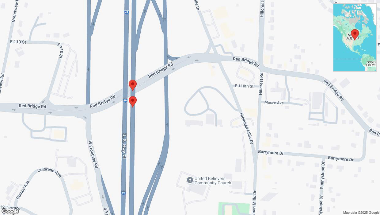 A detailed map that shows the affected road due to 'Broken down vehicle on northbound I-40/US-71 in Kansas City' on March 2nd at 4:36 p.m.