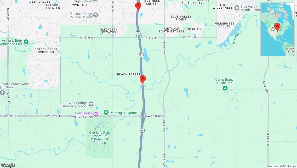 A detailed map that shows the affected road due to 'Lane on US-69 closed in Overland Park' on March 2nd at 5:32 p.m.