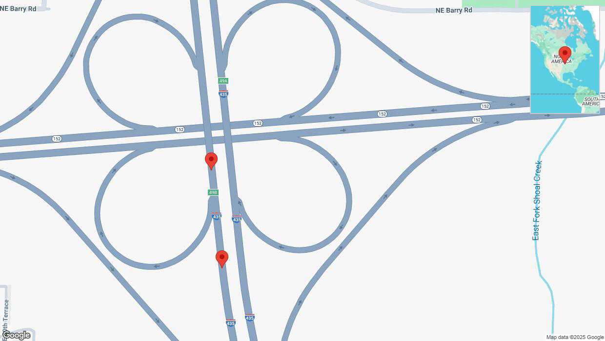 A detailed map that shows the affected road due to 'Reports of a crash on southbound I-435' on March 2nd at 6:51 p.m.