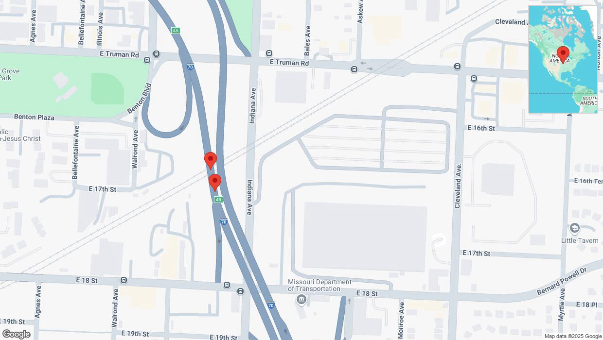 A detailed map that shows the affected road due to 'Broken down vehicle on eastbound I-70 in Kansas City' on March 2nd at 7:57 p.m.