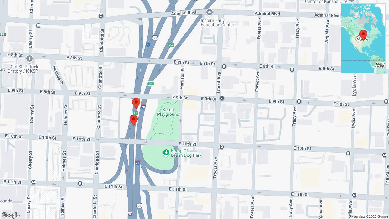 A detailed map that shows the affected road due to 'Broken down vehicle on eastbound I-70 in Kansas City' on March 2nd at 9:04 p.m.