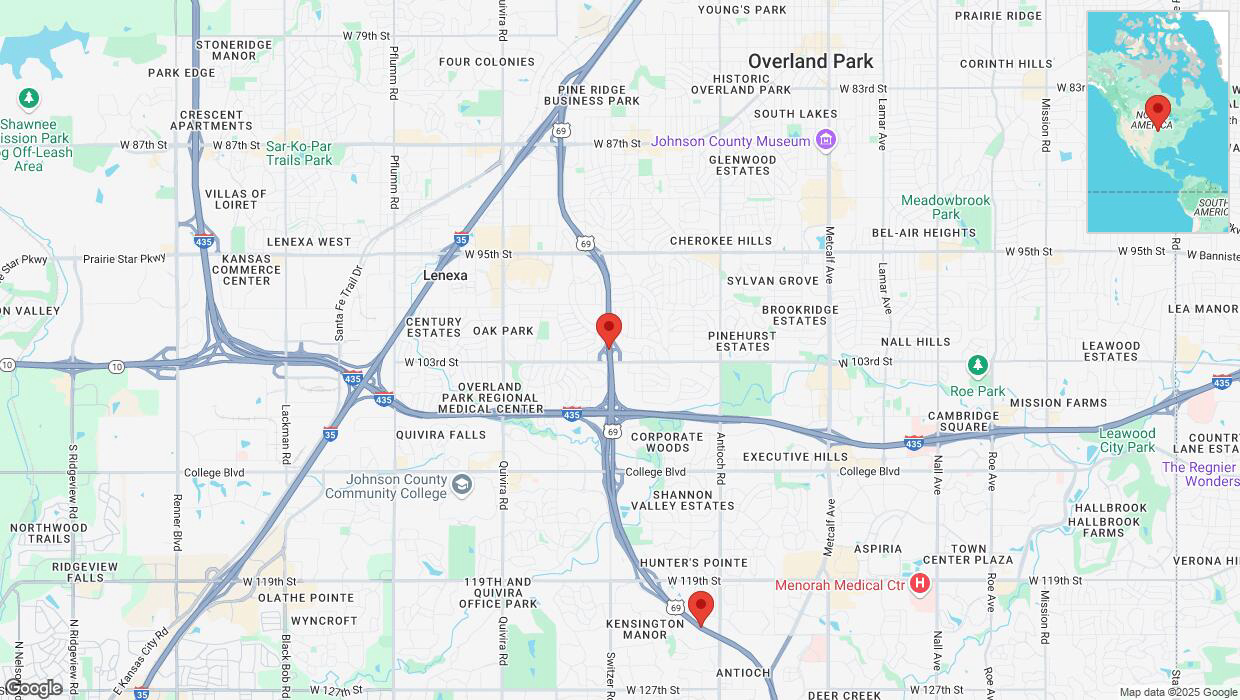 A detailed map that shows the affected road due to 'Lane on US-69 closed in Overland Park' on March 7th at 8:48 p.m.
