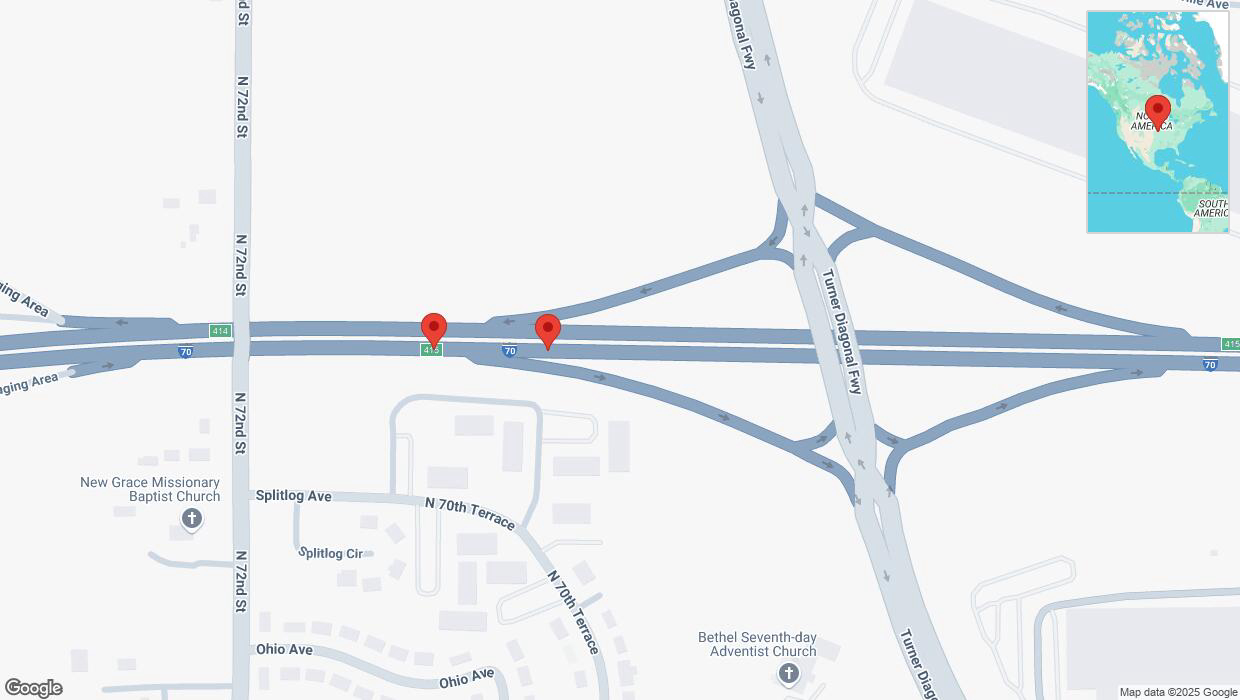 A detailed map that shows the affected road due to 'Broken down vehicle on eastbound I-70 in Kansas City' on March 4th at 5:23 p.m.