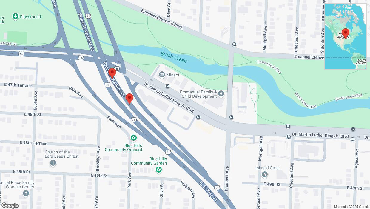 A detailed map that shows the affected road due to 'Warning: Crash on northbound the Bruce R Watkins Expressway/US-71 in Kansas City' on March 4th at 12:05 p.m.