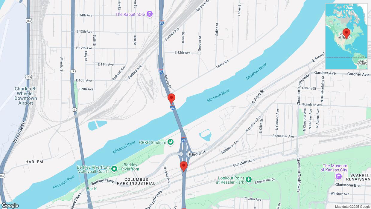 A detailed map that shows the affected road due to 'Heavy rain prompts traffic advisory on southbound I-29/I-35 in North Kansas City' on March 4th at 12:12 p.m.
