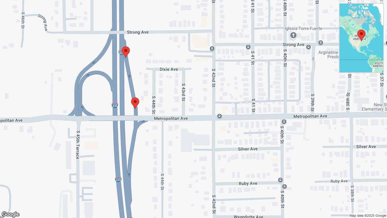 A detailed map that shows the affected road due to 'Crash reported on Metropolitan Avenue in Kansas City' on March 4th at 12:41 p.m.