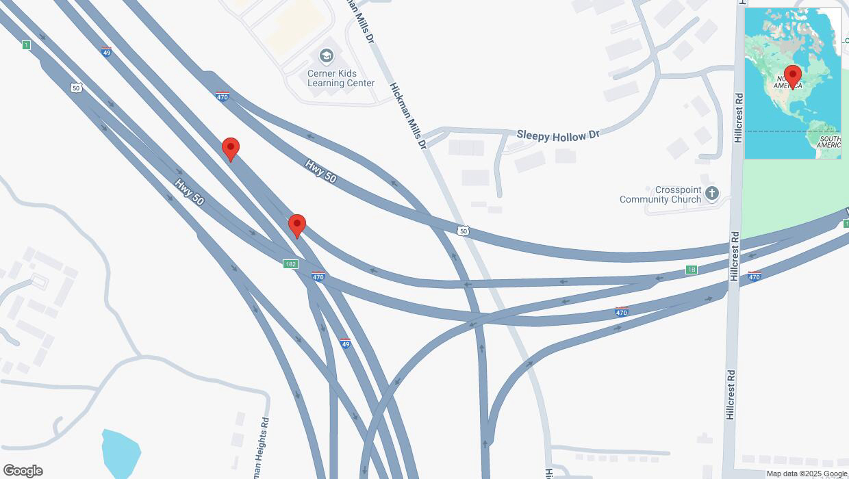 A detailed map that shows the affected road due to 'Broken down vehicle on northbound I-40/US-71 in Kansas City' on March 5th at 7:54 p.m.