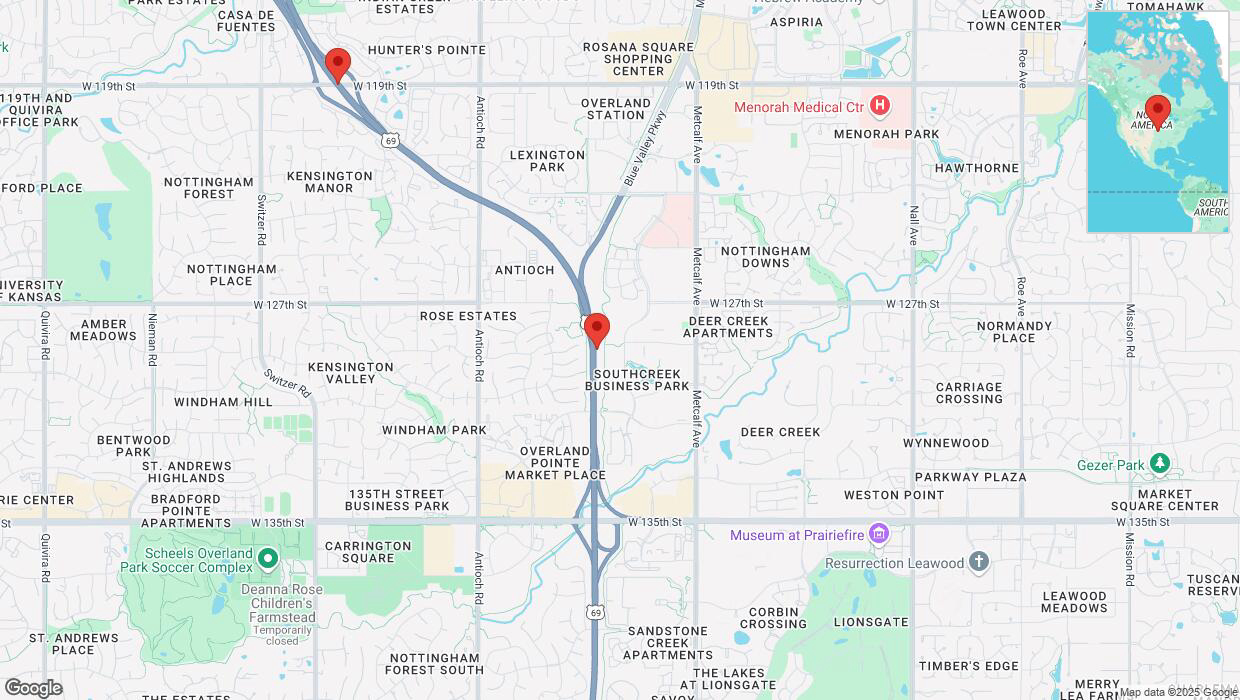 A detailed map that shows the affected road due to 'Heavy rain prompts traffic warning on northbound US-69 in Overland Park' on March 4th at 1:04 p.m.