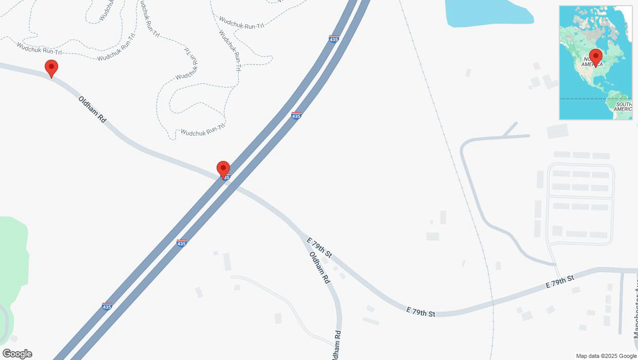 A detailed map that shows the affected road due to 'Warning: Crash on Oldham Road in Kansas City' on March 4th at 1:21 p.m.