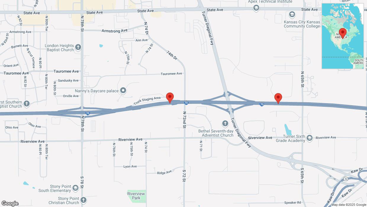 A detailed map that shows the affected road due to 'Crash reported on eastbound I-70 in Kansas City' on March 4th at 1:45 p.m.