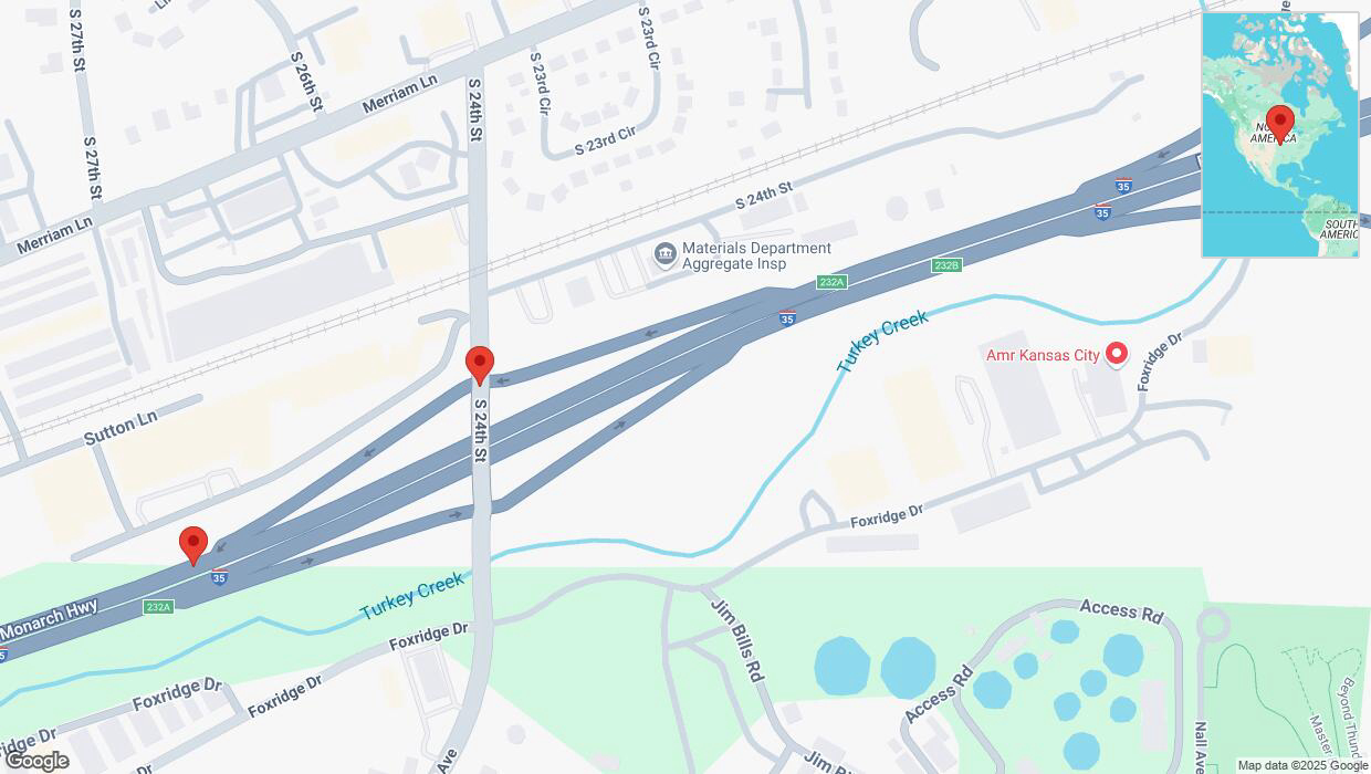 A detailed map that shows the affected road due to 'Broken down vehicle on South 24th Street in Kansas City' on March 4th at 1:45 p.m.