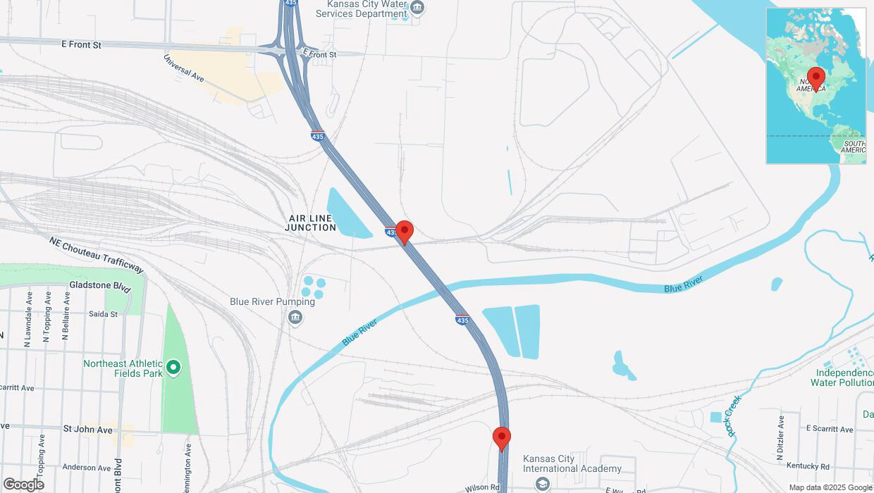 A detailed map that shows the affected road due to 'Warning: Crash on southbound I-435 in Kansas City' on March 4th at 2:14 p.m.