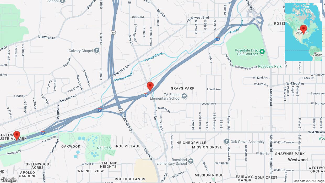A detailed map that shows the affected road due to 'Heavy rain prompts traffic warning on southbound I-35 in Kansas City' on March 4th at 3:34 p.m.