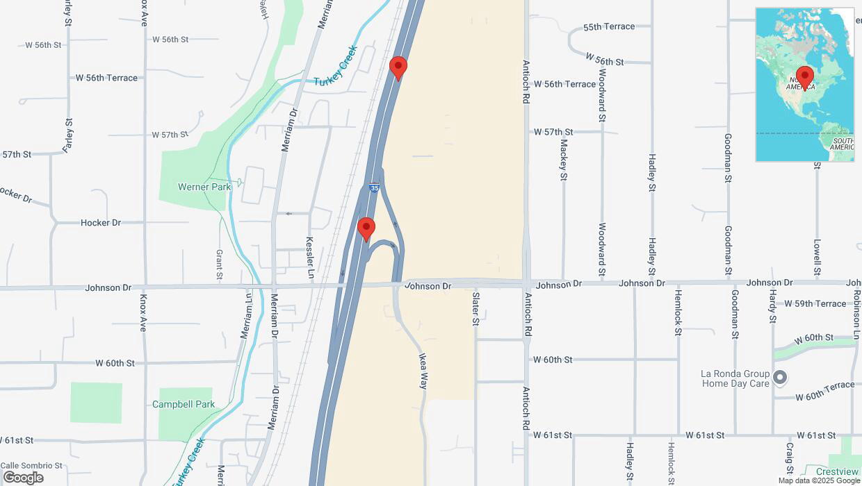A detailed map that shows the affected road due to 'Broken down vehicle on northbound I-35 in Merriam' on March 4th at 3:39 p.m.