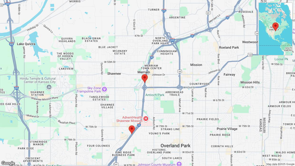 A detailed map that shows the affected road due to 'Heavy rain prompts traffic warning on westbound I-35 in Merriam' on March 4th at 3:39 p.m.