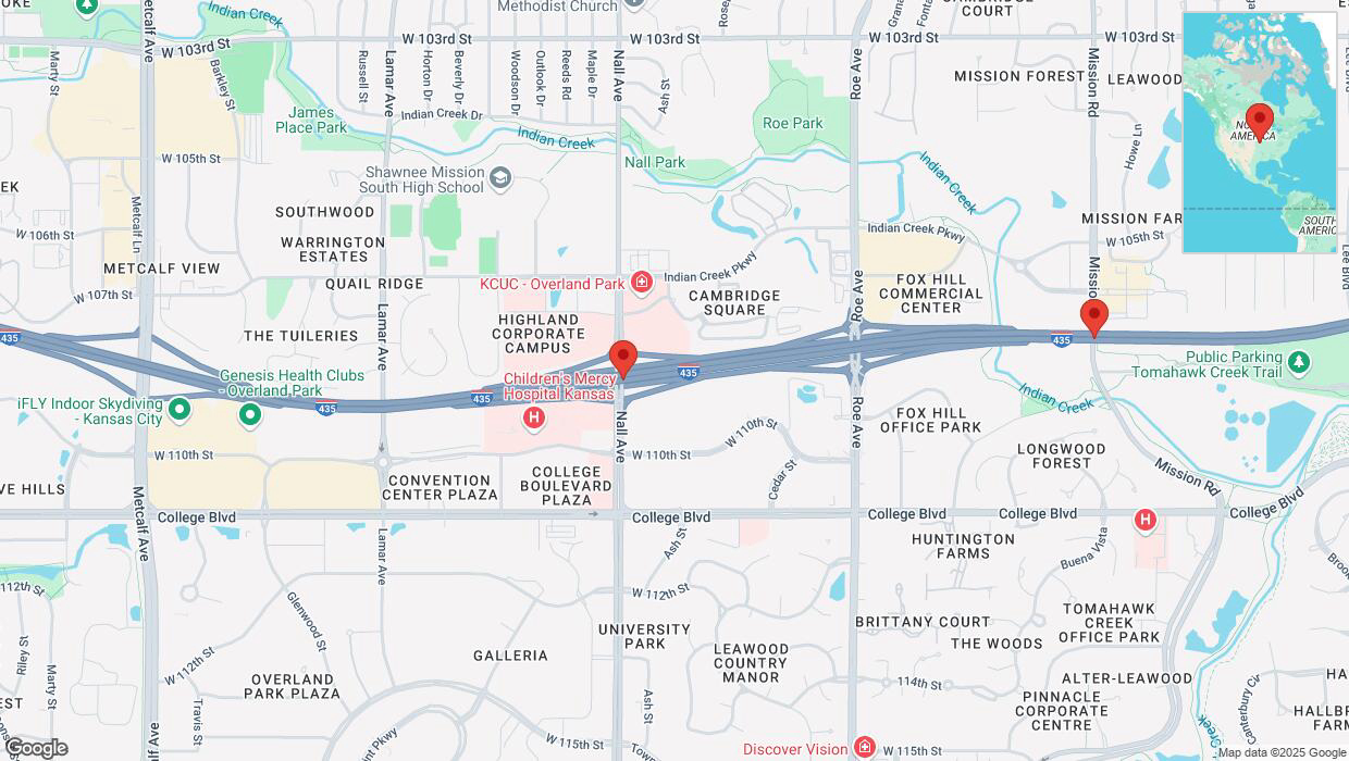 A detailed map that shows the affected road due to 'Drivers cautioned as heavy rain triggers traffic concerns on eastbound I-435 in Overland Park' on March 4th at 3:57 p.m.