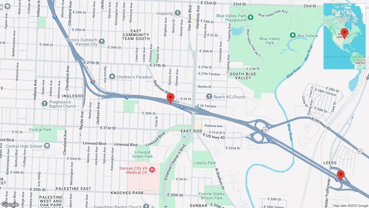 A detailed map that shows the affected road due to 'Heavy rain prompts traffic warning on eastbound I-70 in Kansas City' on March 4th at 3:57 p.m.
