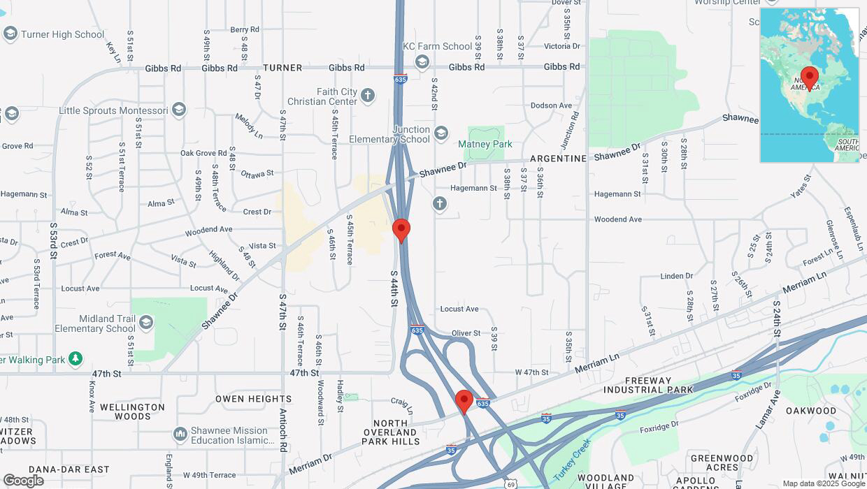 A detailed map that shows the affected road due to 'Traffic alert issued due to heavy rain conditions on southbound I-635 in Kansas City' on March 4th at 4:08 p.m.