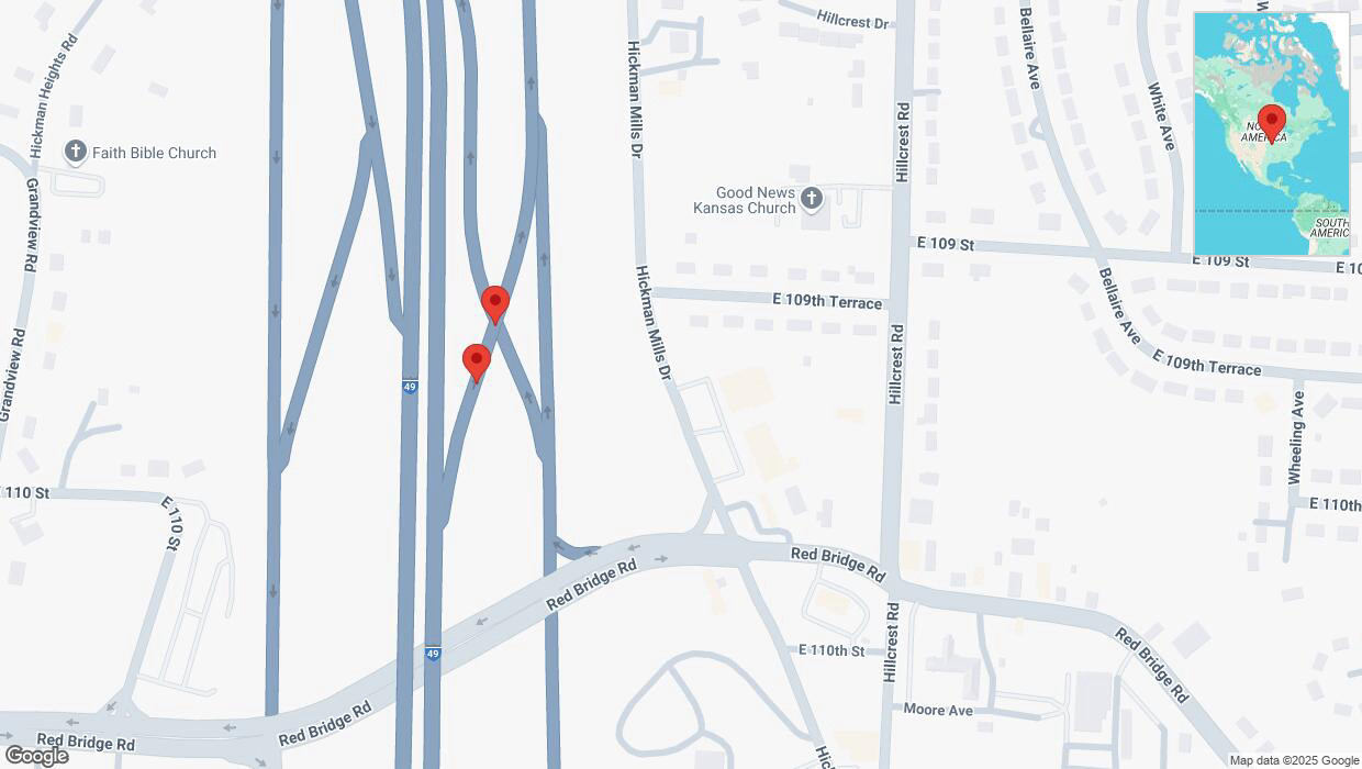 A detailed map that shows the affected road due to 'Broken down vehicle on Hickman Mills Drive in Kansas City' on March 4th at 4:20 p.m.