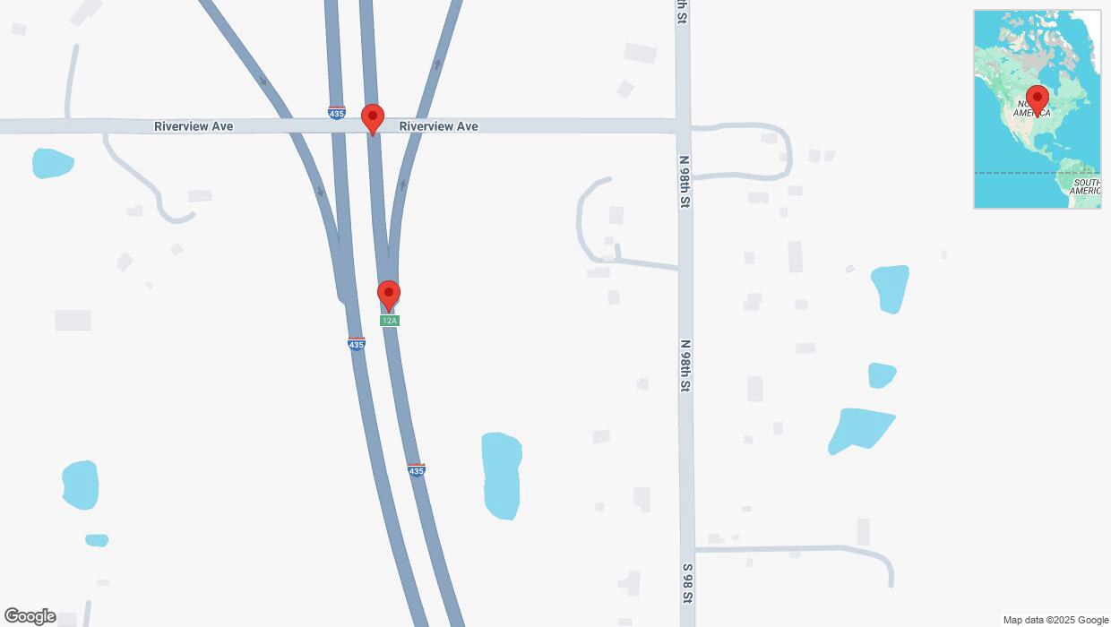 A detailed map that shows the affected road due to 'Broken down vehicle on northbound I-435 in Edwardsville' on March 4th at 10:10 p.m.