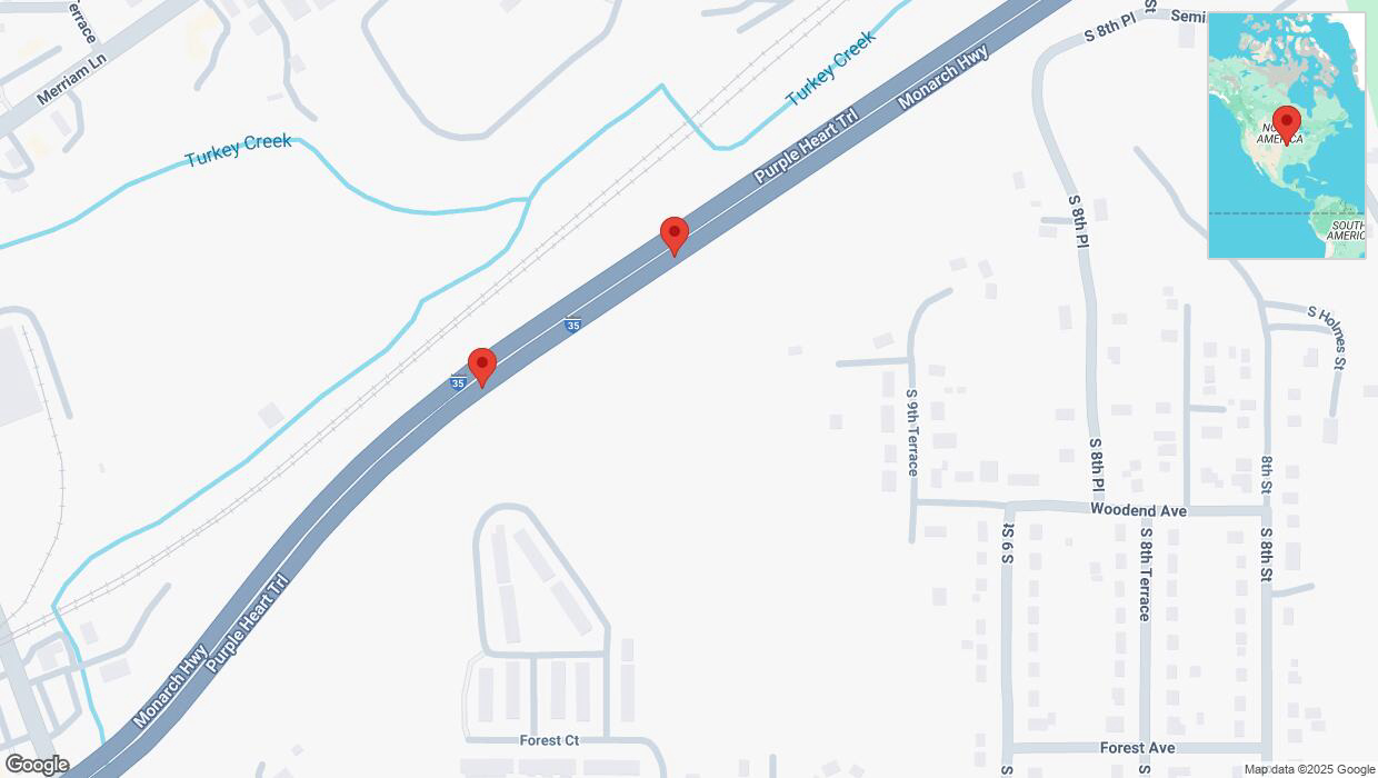 A detailed map that shows the affected road due to 'Broken down vehicle on northbound I-35 in Kansas City' on March 4th at 5:05 p.m.