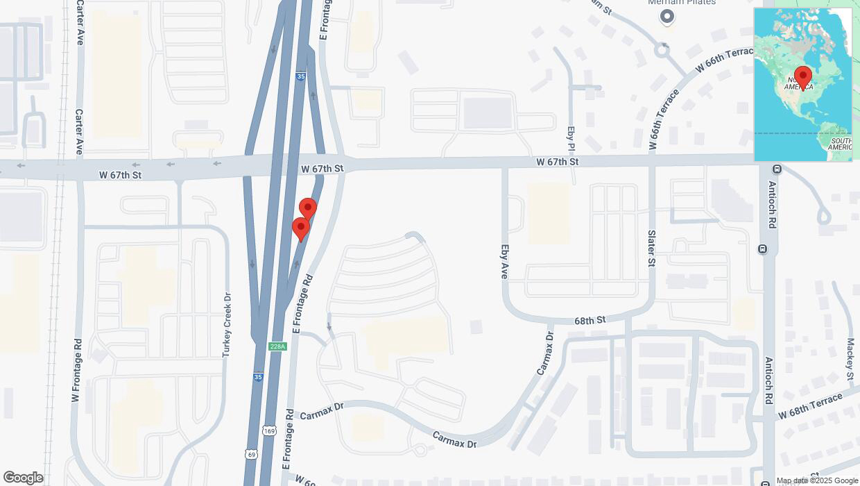 A detailed map that shows the affected road due to 'Broken down vehicle on East Frontage Road in Merriam' on March 4th at 6:38 p.m.