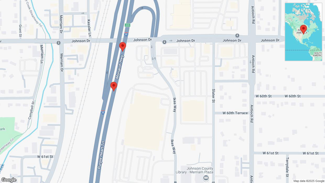 A detailed map that shows the affected road due to 'Broken down vehicle on northbound I-35 in Merriam' on March 4th at 6:27 p.m.