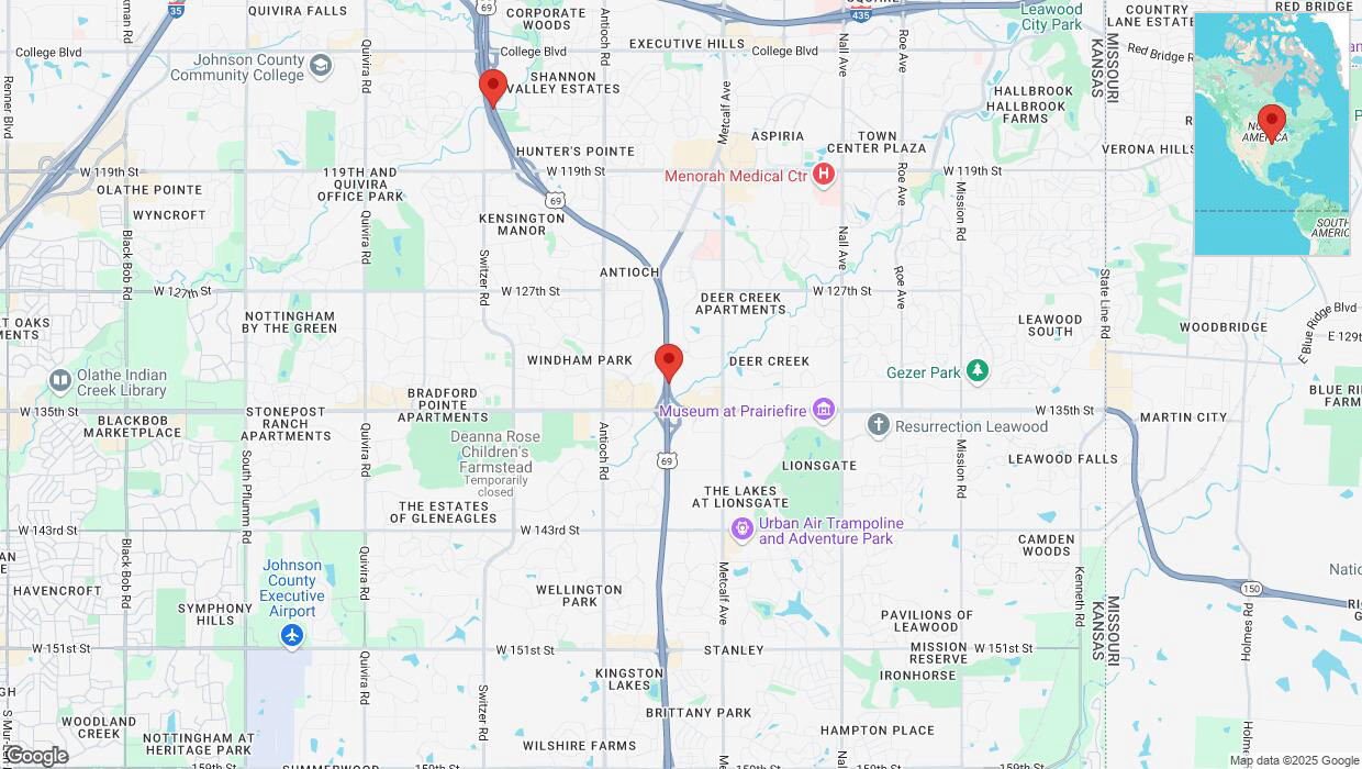 A detailed map that shows the affected road due to 'Lane on US-69 closed in Overland Park' on March 4th at 6:38 p.m.