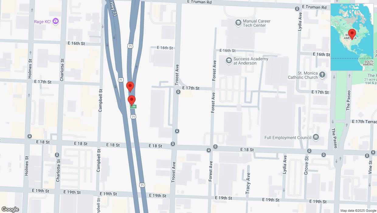 A detailed map that shows the affected road due to 'Broken down vehicle on northbound US-71 in Kansas City' on March 4th at 6:44 p.m.