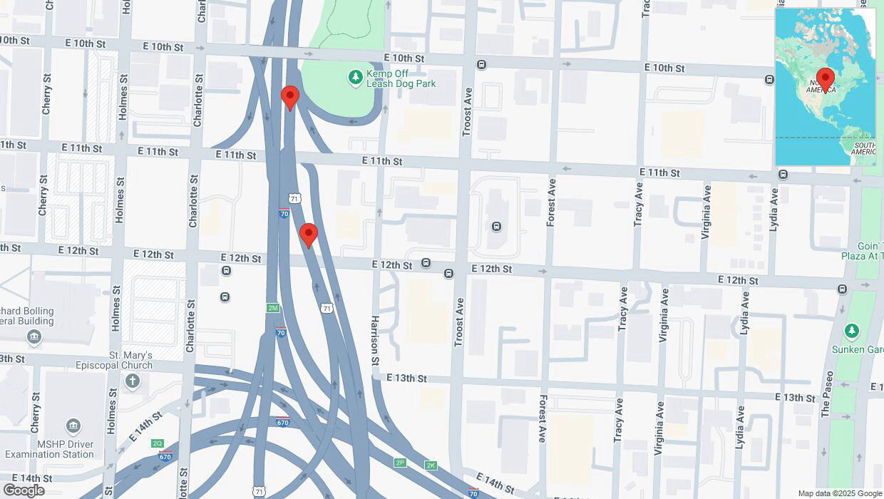 A detailed map that shows the affected road due to 'Crash reported on northbound US-71 North in Kansas City' on March 4th at 6:54 p.m.