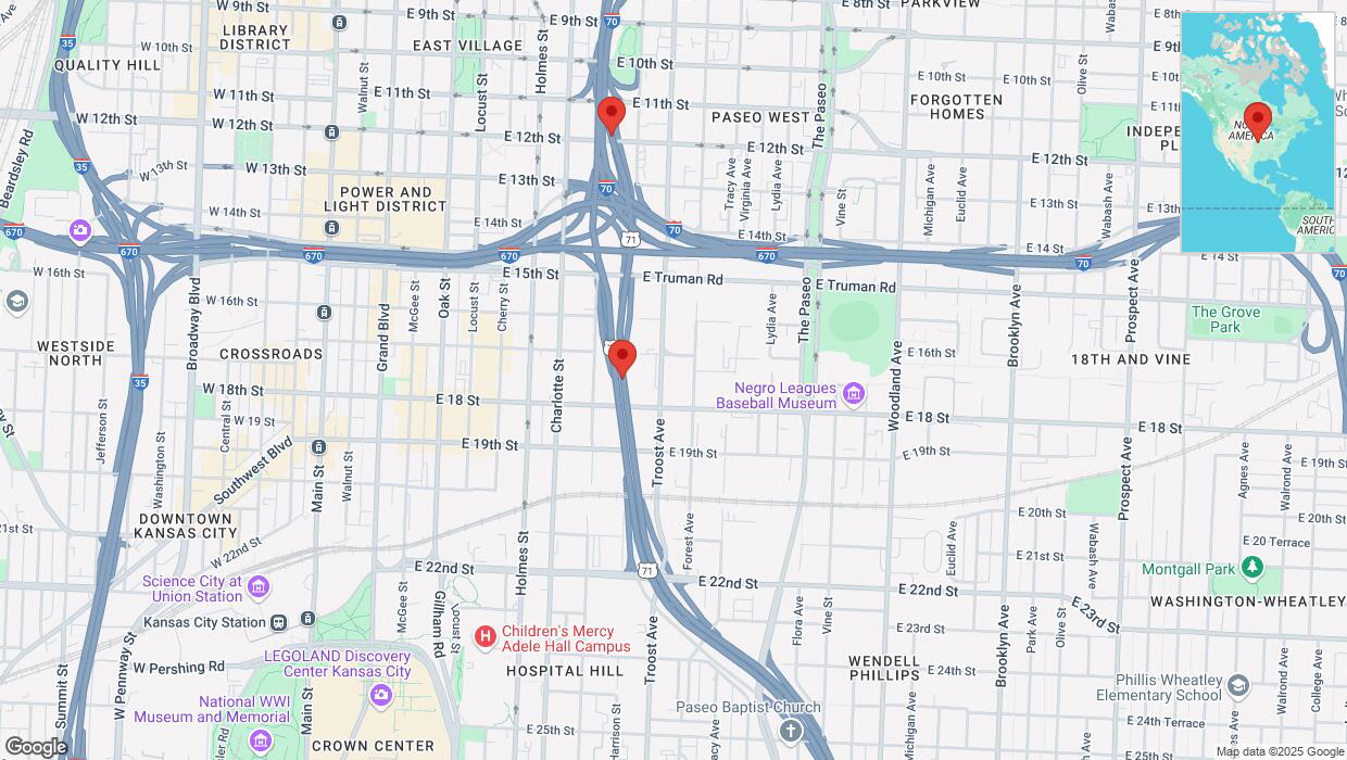 A detailed map that shows the affected road due to 'Warning in Kansas City: Crash reported on northbound US-71' on March 4th at 6:54 p.m.