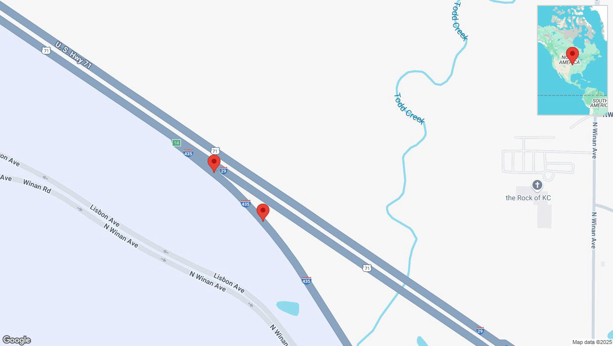 A detailed map that shows the affected road due to 'Broken down vehicle on eastbound I-435 East in Kansas City' on March 4th at 7:34 p.m.