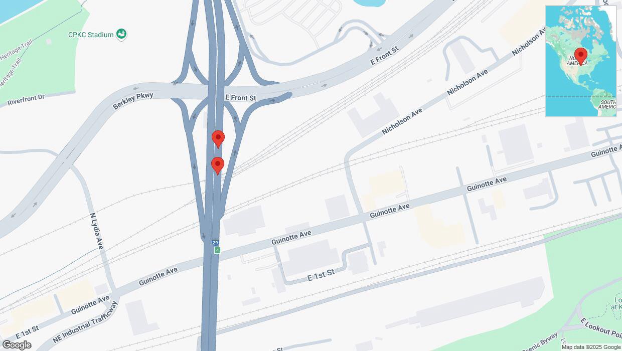 A detailed map that shows the affected road due to 'Broken down vehicle on northbound I-29/I-35 in Kansas City' on March 4th at 9:14 p.m.