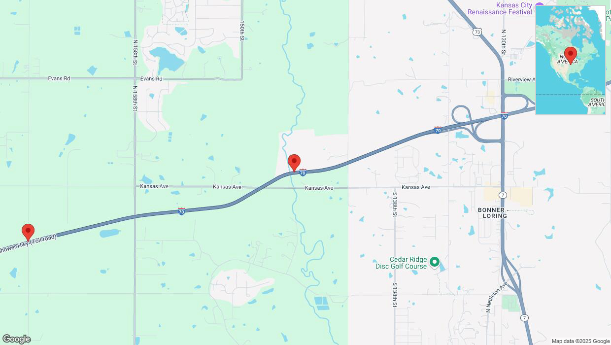 A detailed map that shows the affected road due to 'Traffic alert issued due to heavy rain conditions on westbound I-70 in Tonganoxie' on March 4th at 9:36 p.m.