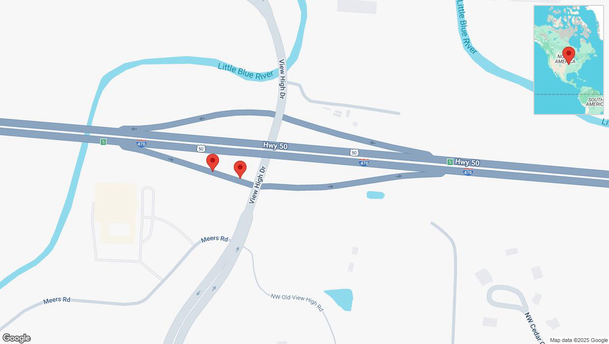 A detailed map that shows the affected road due to 'Broken down vehicle on View High Drive in Kansas City' on March 4th at 9:43 p.m.