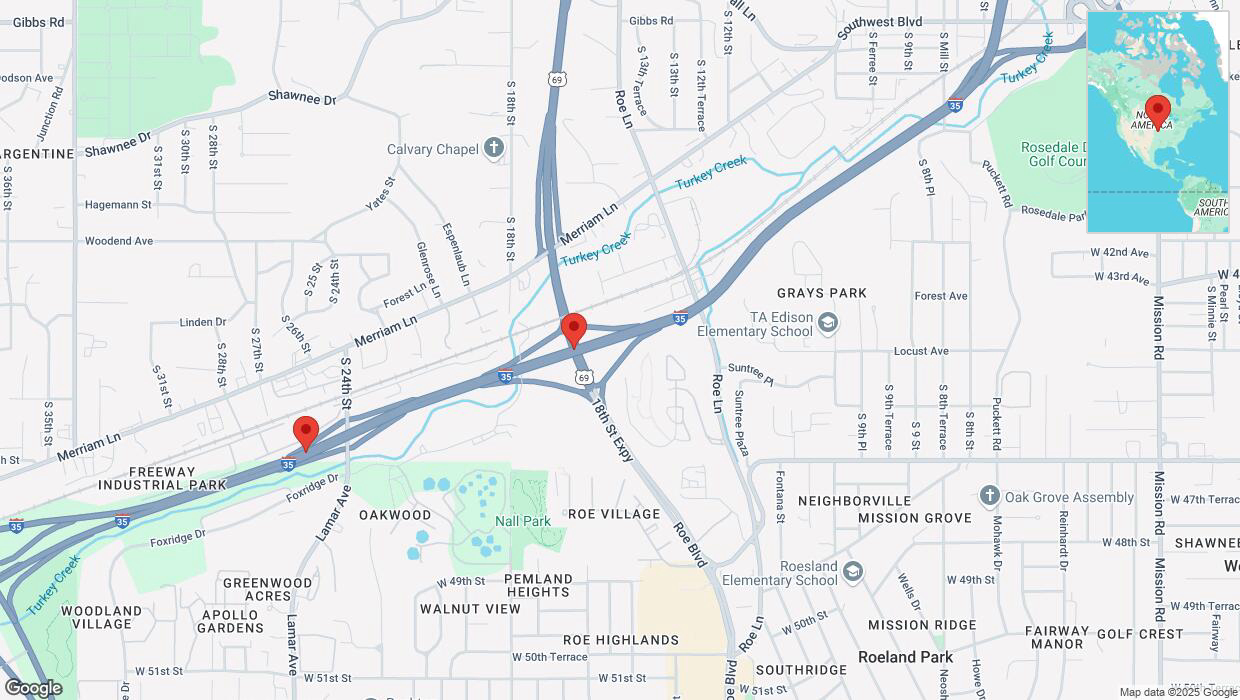 A detailed map that shows the affected road due to 'Heavy rain prompts traffic warning on southbound I-35 in Kansas City' on March 4th at 9:54 p.m.