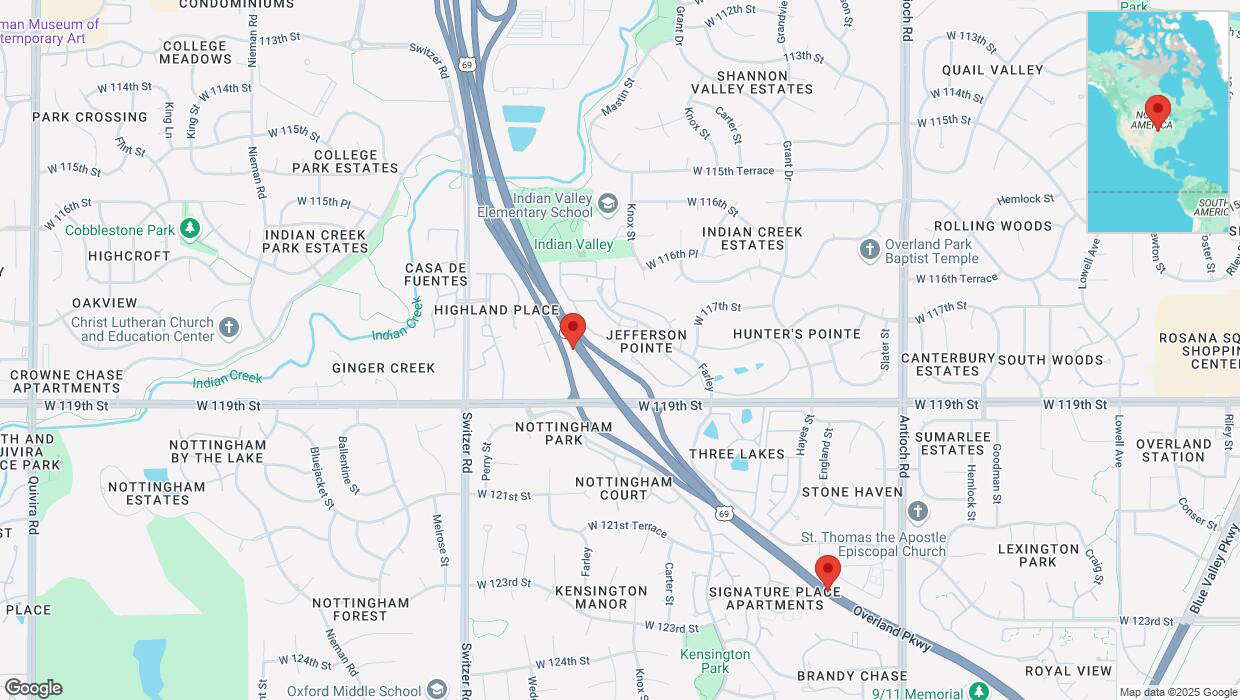 A detailed map that shows the affected road due to 'Drivers cautioned as heavy rain triggers traffic concerns on southbound US-69 in Overland Park' on March 4th at 9:59 p.m.