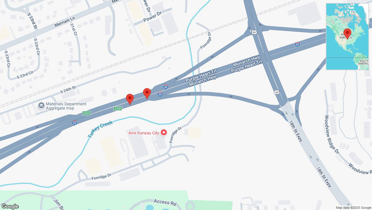 A detailed map that shows the affected road due to 'Broken down vehicle on northbound I-35 in Kansas City' on March 4th at 10:34 p.m.