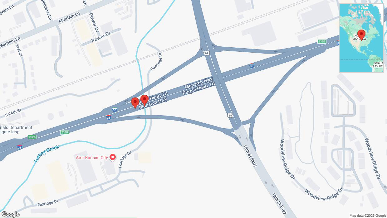 A detailed map that shows the affected road due to 'Crash reported on northbound I-35 in Kansas City' on March 4th at 10:04 p.m.