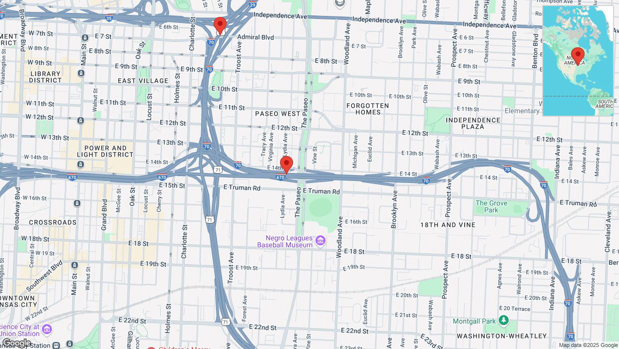 A detailed map that shows the affected road due to 'Heavy rain prompts traffic advisory on northbound I-70 in Kansas City' on March 4th at 10:10 p.m.